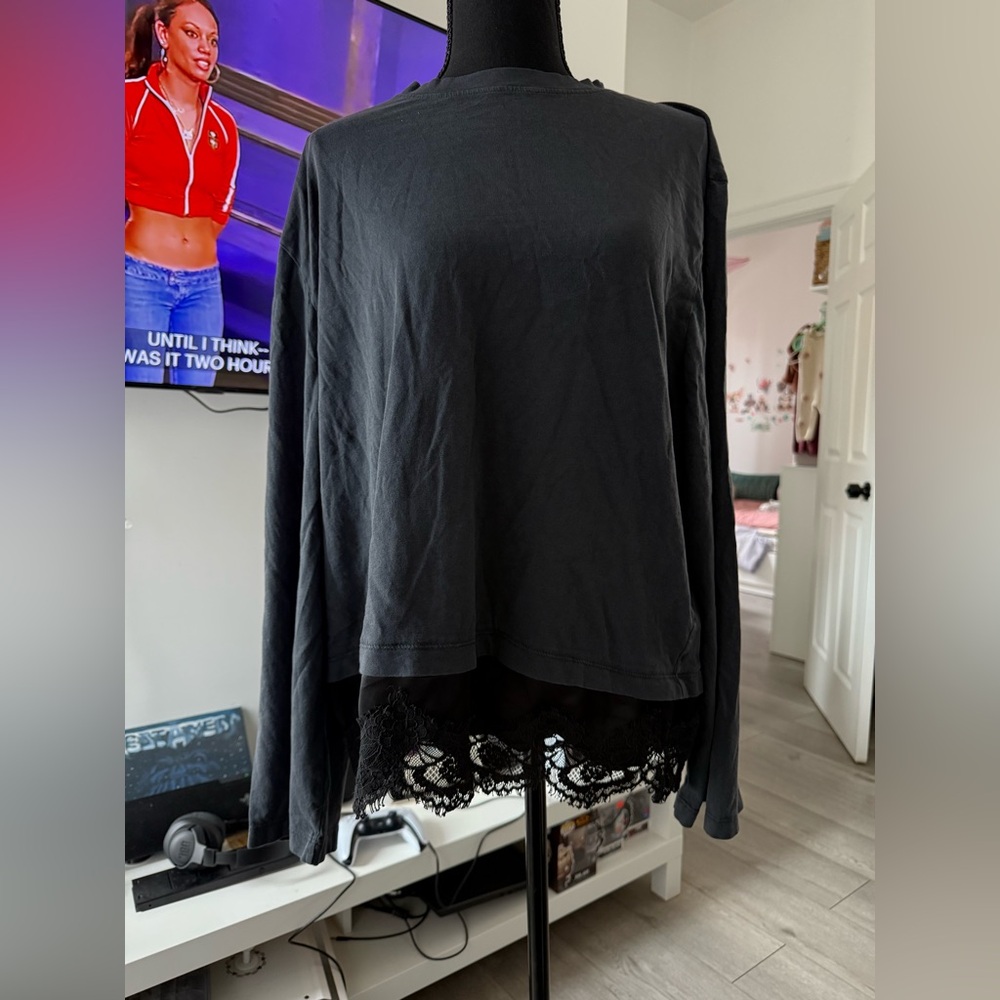 Zara Black Long Sleeve Top with Lace Hem